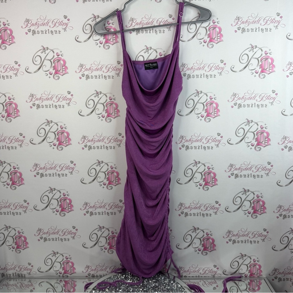 Kittenish dress stretchy cinched tie ups shiny shimmer Vibrant Purple Maxi Dress